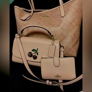 COACH Pink City Tote, Tilly Satchel 23 with 3D cherry, & Corner Zip Wallet